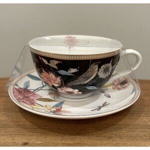 Grace Teaware Teacup/ Saucer Fine Porcelain Black White Birds Dragonflies Floral